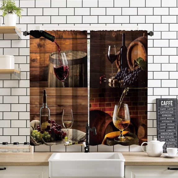 Wine Kitchen Curtains 2 Panels 27.5W x 39H Rod Pocket Farm Vintage Glasses Romantic Grape Rustic Fruit Polyester Small Short Laundry Bathroom Window Drapery Treatment Cafe