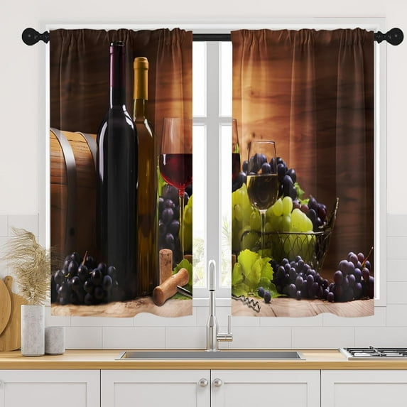 Wine Kitchen Curtains 45 Inch Length Grapes Fruit Window Short Tier Curtains Over Sink Set of 2, Summer Wooden Vintage Farmhouse Kitchen Decor 42x45 Inch