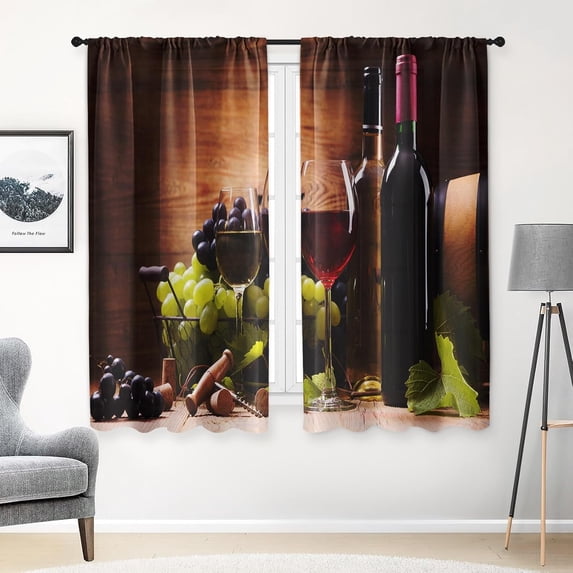 Wine Kitchen Curtains 63 Inch Length Farmhouse Window Curtains Over Sink Set of 2, Vintage Curtain for Bedroom Living Room, Rustic Retro Kitchen Decor 42x63 Inch