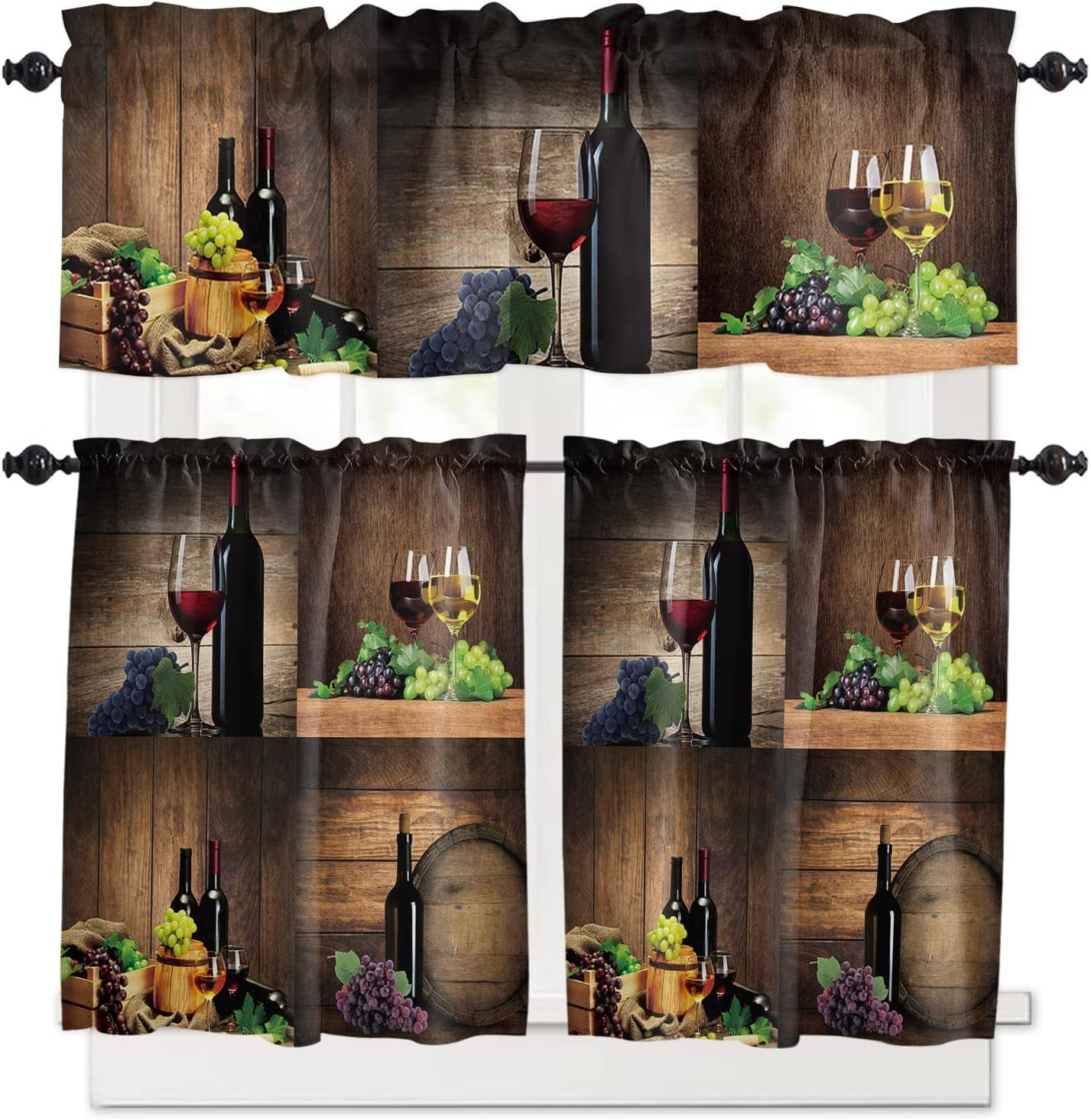 Wine Kitchen Curtains and Floral Valance Set, Farmhouse Grapes Fruit ...