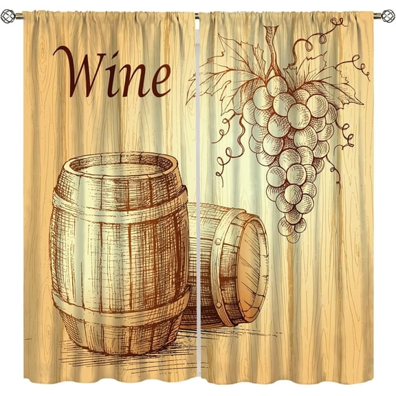 Wine Kitchen Curtains, Wooden Barrels and Bunch of Grapes on Wood Backdrop Botany Harvest Theme Artwork, Window Drapes for Kitchen Cafe Set 2 Panels,72x63 Inches