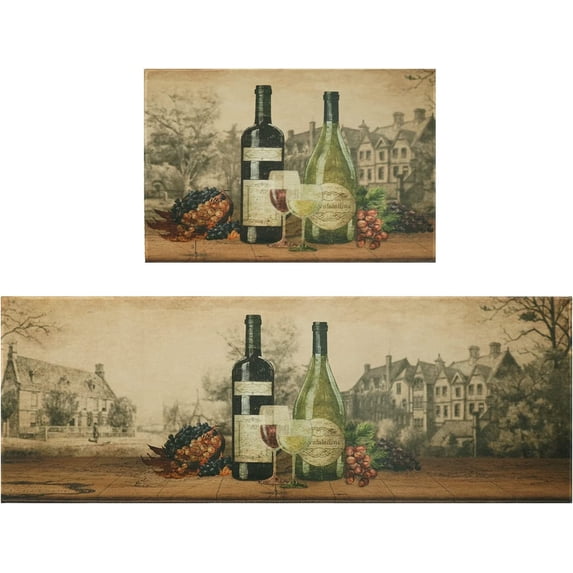 Wine Kitchen Mat Set 2 Pieces,Cushioned Kitchen Mat and Rugs,Kitchen Standing Mat Retro Kitchen Rug Waterproof Non Slip Kitchen Runner for Kitchen Laundry,Wine Decorations for Kitchen 17x24+17x48inch