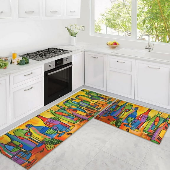 Wine Kitchen Mats for Floor, Farmhouse Kitchen Mats Cushioned Anti Fatigue 2 Piece Set, Memory Foam Kitchen Mat Set of 2 and Wine Kitchen Rugs and Mats for Picasso Home Kitchen Decor 17"x30"+17"x47"