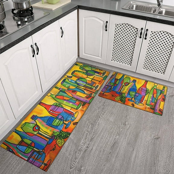 Wine Kitchen Mats for Floor, Farmhouse Kitchen Mats Cushioned Anti Fatigue 2 Piece Set, Memory Foam Kitchen Mat Set of 2 and Wine Kitchen Rugs and Mats for Picasso Home Kitchen Decor 17"x30"+17"x47"