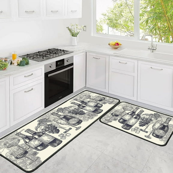 Wine Kitchen Rugs Italian Kitchen Mats for Floor 2 Piece, Anti Fatigue Floor Mat for Kitchen, Kitchen Floor Mats for in Front of Sink and Kitchen Matt for Standing for Kitchen Decor 17"X30"+17"X47"