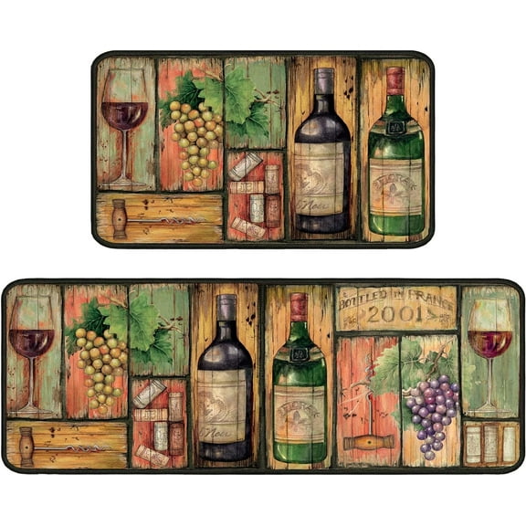 Wine Kitchen Rugs Italian Kitchen Mats for Floor 2 Piece, Anti Fatigue Floor Mat for Kitchen, Kitchen Floor Mats for in Front of Sink and Kitchen Matt for Standing for Kitchen Decor 17"X30"+17"X47"
