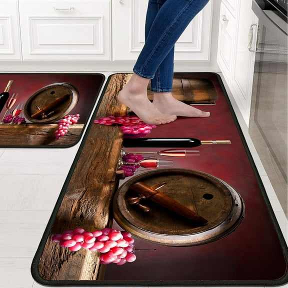 Wine Kitchen Rugs Italian Kitchen Mats for Floor 2 Piece, Anti Fatigue Floor Mat for Kitchen, Kitchen Floor Mats for in Front of Sink and Kitchen Matt for Standing for Kitchen Decor 17"X30"+17"X47"
