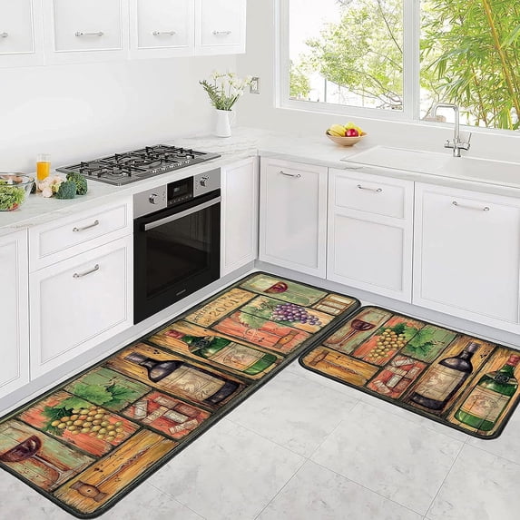 Wine Kitchen Rugs Italian Kitchen Mats for Floor 2 Piece, Anti Fatigue Floor Mat for Kitchen, Kitchen Floor Mats for Sink and Kitchen Matt for Standing for Kitchen Decor 17"X30"+17"X47"