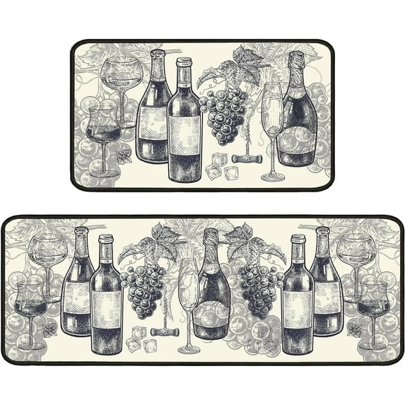 Wine Kitchen Rugs Italian Kitchen Mats for Floor 2 Piece, Anti Fatigue Floor Mat for Kitchen, Kitchen Floor Mats for in Front of Sink and Kitchen Matt for Standing for Kitchen Decor 17"X30"+17"X47"