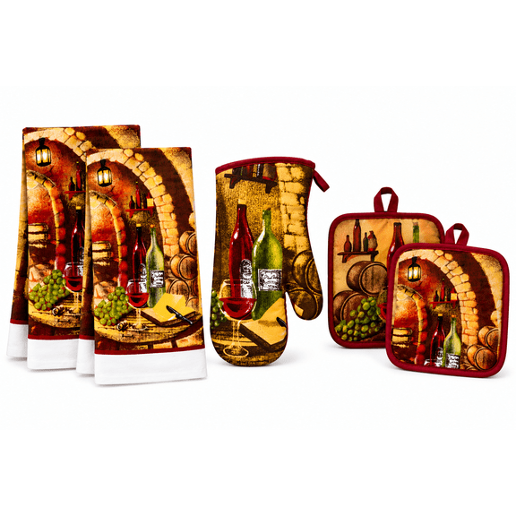 Wine Kitchen Towel Set 5 Piece Cotton Oven Mitt Potholders Heat Resistant Burgundy