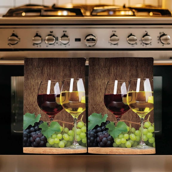 Wine Kitchen Towels Set of 1, Goblet Grapes Champagne Farmhouse Wooden Country Absorbent Dish Towels for Kitchen, Microfiber Hand Towel, Quick Drying Tea Towel for Cleaning Decorative Dishcloths