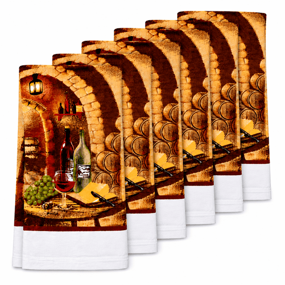 Wine Kitchen Towels Set of 6 Cotton Dish Cloths Farmhouse Grapes Cheese Bottle Glass Decor 15x25 Inches