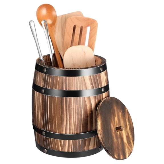 Wine Kitchen Utensil Crock 8x6.5 inch with Lid - Wood Cooking Tool Holder for Countertop - Rustic Organizer for Spatulas & Cooking Utensils