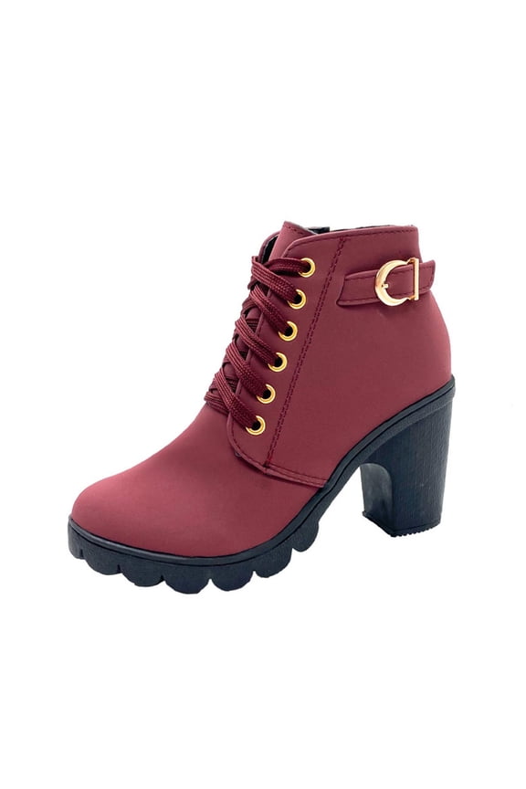 Wine Ladie’S Ankle Boots With Side Zipper Round Toe Thick Bottom High Heel Chunky Heel British Style For Winter Casual Wear Size 40