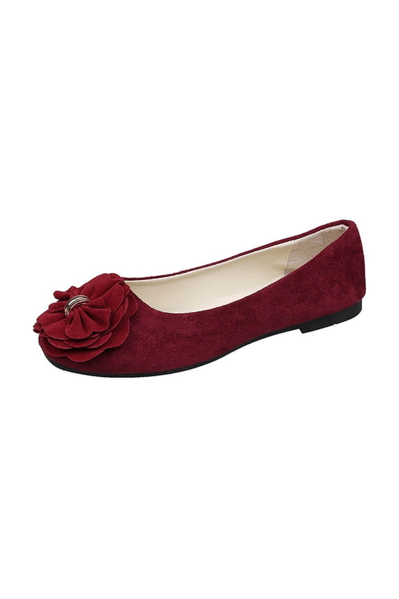 Wine Ladies Casual Square Toe Flower Bow Flat Shoes For Fashionable Work Daily Wear