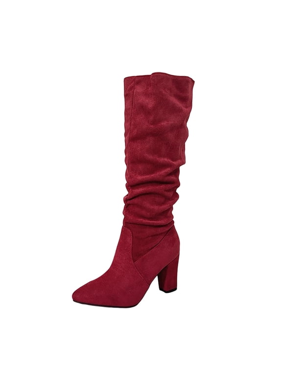 Wine Ladies Knee-High Boots With Block Heel And Slouchy Design For A Stylish And Comfortable Winter Shoe Option
