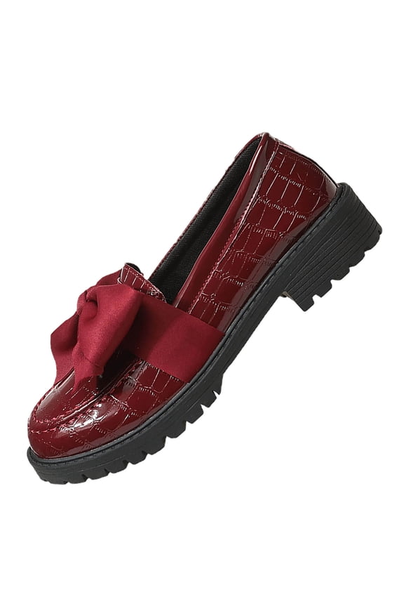 Wine Ladies Plus Size Pumps Featuring Bow Accent In A Deep Wine Colored Hue Chunky Heel And Thick Sole