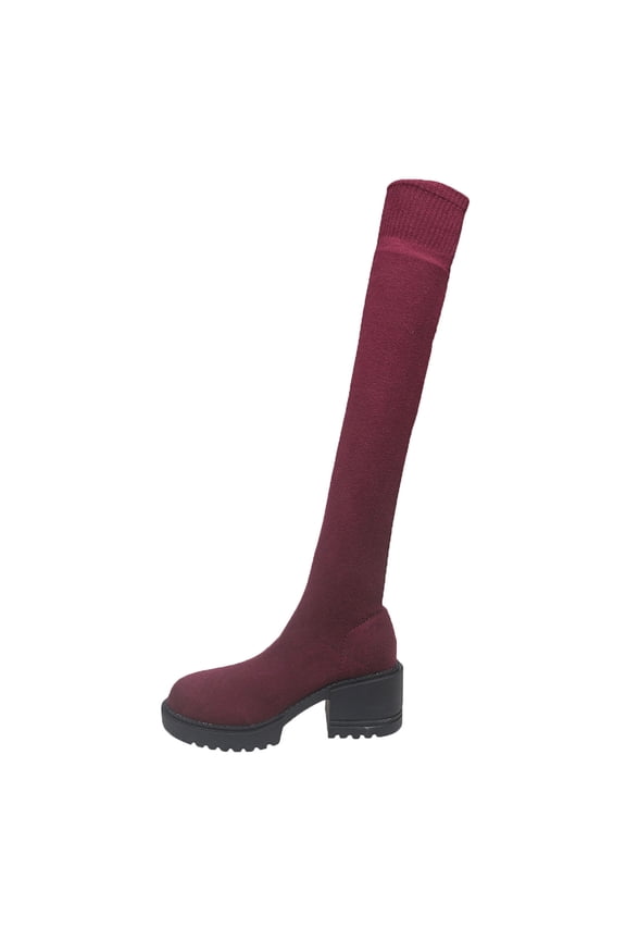 Wine Ladies Winter Mesh Stockings Boots Round Toe Chunky Heel High Over Knee Casual Footwear Shoes