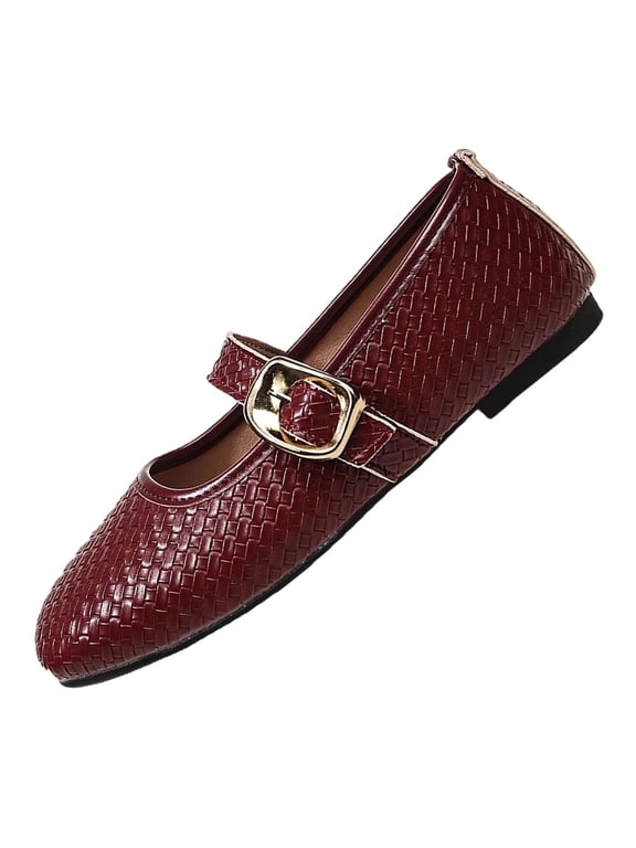 Wine Mary Jane Flats for Women, Woven PU Faux Leather Pointed Toe Dress Shoes with Adjustable Strap, Cushioned Non-Slip Comfortable Fall Winter Flats,Size 7.5