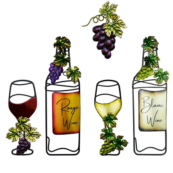 Wine Metal Wall Art Decor 5 pcs Vintage Red & White Wine Glass Wine Bottle Fake Grape Metal Decoration for Home Kitchen, Living Room, Dining Area, Farmhouse Bar Indoor Outdoor, 11inch