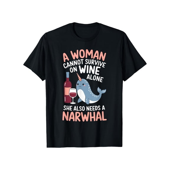Wine Narwhal Graphic Tee Cotton Top, Fashion and Comfortable Casual Short Sleeve Round Neck Shirt Black S-5XL