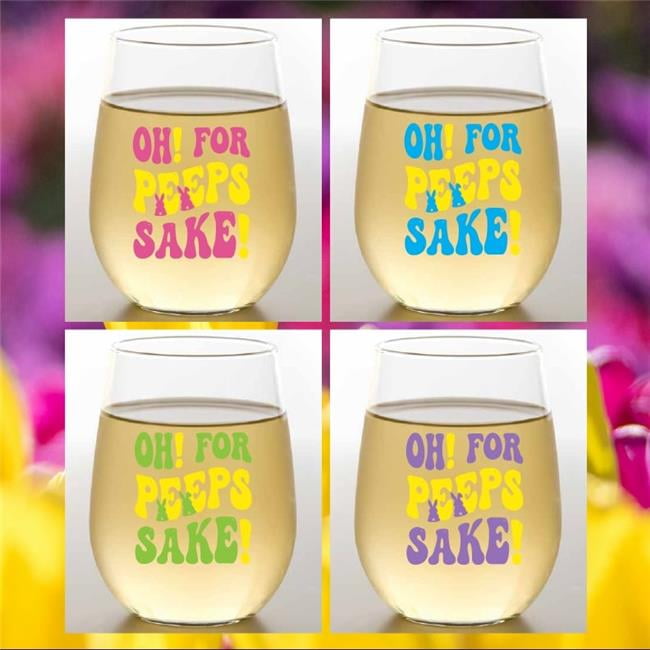 Wine-oh! Winest16-eps Set of 4 Easter FOR Peeps Sake Unbreakable 16 oz Tritan Plastic Stemless Wine Glasses, Made in the Usa, Dishwasher Safe
