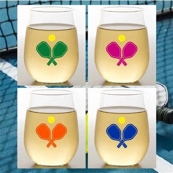 Wine-Oh! WINEST16-PBP Set of 4 PICKLEBALL Unbreakable 16 oz Tritan Plastic Stemless Wine Glasses, Made in the USA, Dishwasher Safe