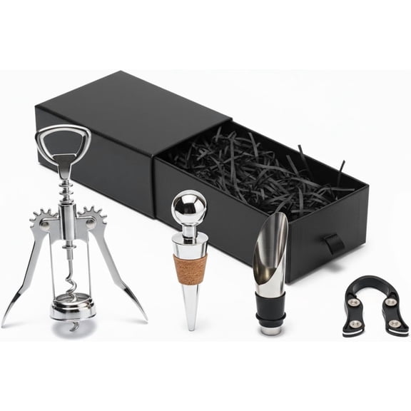 Wine Opener Gift Set with Corkscrew, Pourer & Bottle Stopper | Includes wing corkscrew, foil cutter, pourer and stopper, complete wine accessory gift for home, kitchen and wine lovers