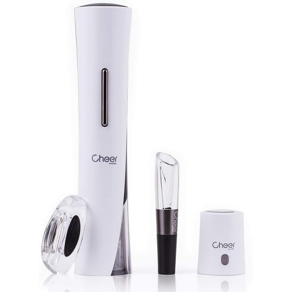 Wine Opener Gift Set - Electric Cordless Automatic Corkscrew Wine Bottle Opener with Batteries, Foil Cutter, Aerator Wine Pourer and Stopper with Date Marker(White)7717-W122-04