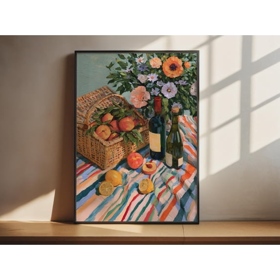 Live Art Roses Wine Picnic Still Life Art Basket Peaches Flowers Impressionist Poster ...