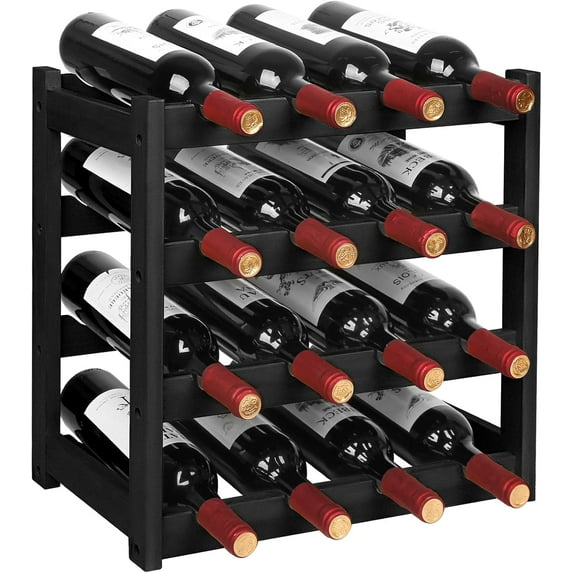 Wine Rack, 4-Tier Bamboo Wine Racks Countertop,Sturdy and Durable Wine Storage Cabinet Shelf,16 Bottles Wine Holder for Kitchen Pantry, Black