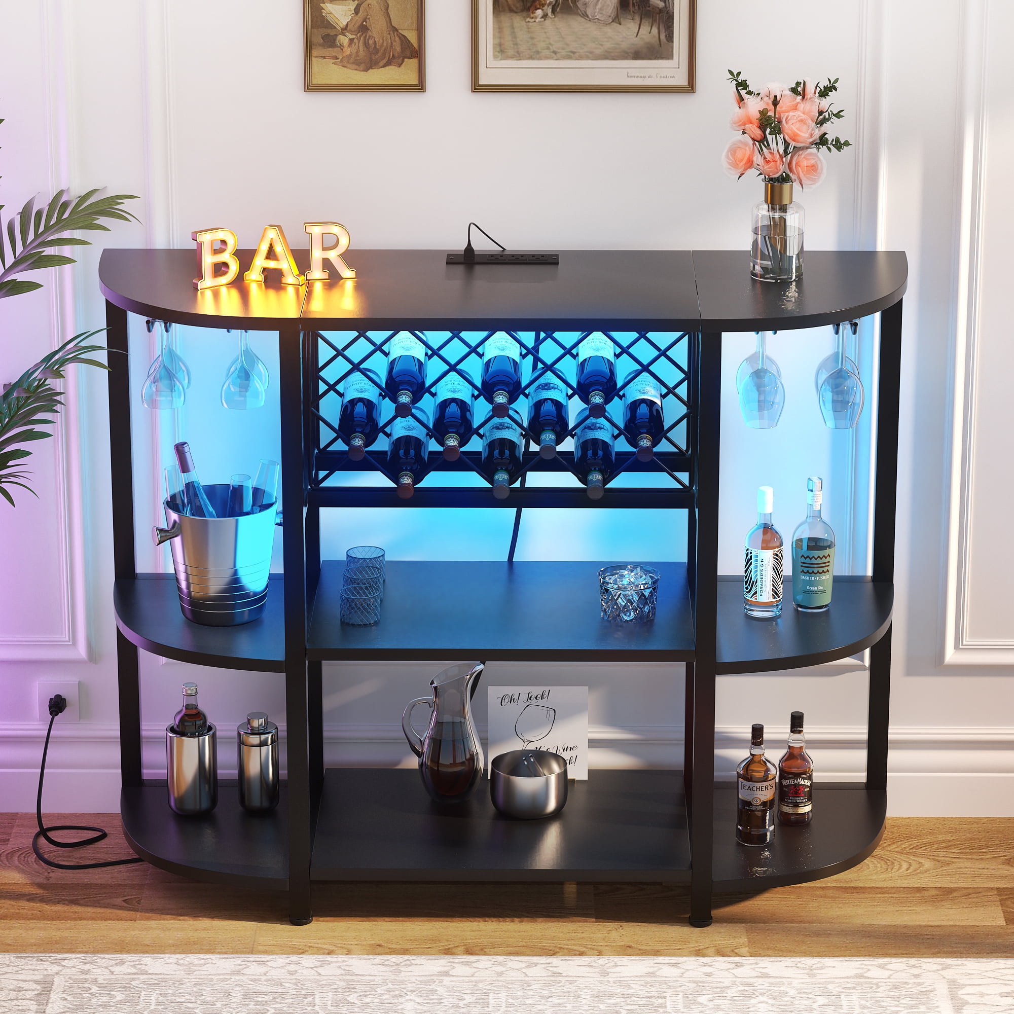 Wine Rack Bar with with Socket and LED Light, Multifunction