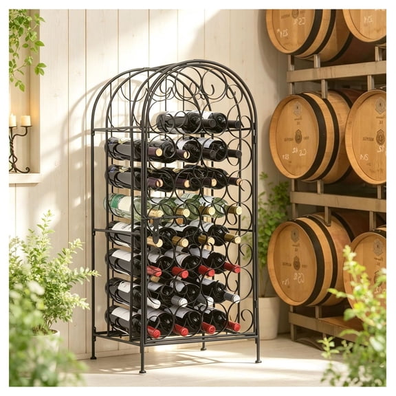Wine Rack Cabinet 35 Bottle Wrought Iron - Home Bar Storage Lockable Cabinet - Black Finish Renaissance Style Organizer