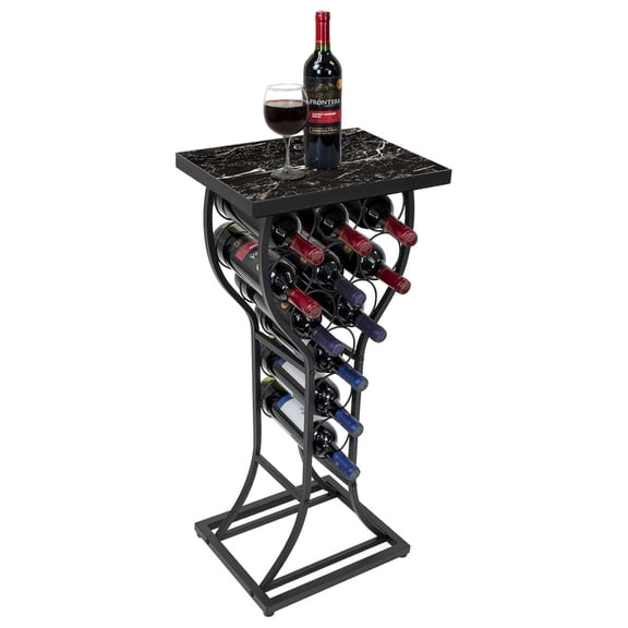 Wine Rack Console Table - Freestanding 11 Bottle Wine Storage - Black Marble Bar Cabinet - Metal Wine Stand for Home Bar & Dining Room