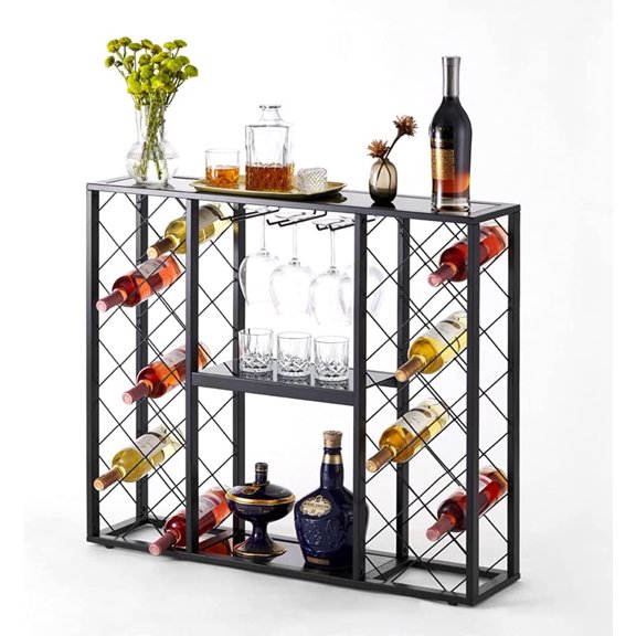 Wine Rack Console with Glass Table Top (34 Bottle, Black)