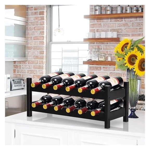 Wine Rack Countertop, 12 Bottles Bamboo Wine Holder, 2-Tier Freestanding Wine Storage Cabinet Shelf for Home, Kitchen, Bar, Pantry, Wine Cellar, Easy-Assembly, Brown (24.5L x 9.5W x 10H)