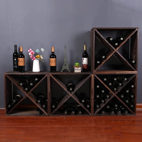 Wine Rack Countertop Wooden Stackable Storage Rustic Retro Style Cube 24-Bottle Wine Cabinet Dark Brown