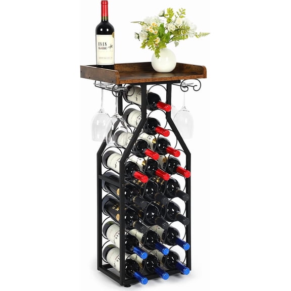 Wine Rack Floating Shelvesr Versatile Liquor Stand for Home Bar Mini Bar Table Wine Holder Stand Liquor Cabinet with Glass Holder Wood Tabletop 19 Bottles Floor Dining Room, Living Room