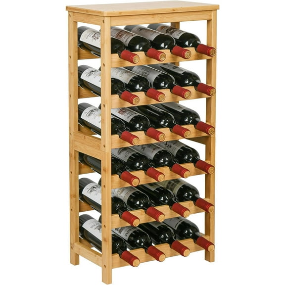 Wine Rack Free Standing Floor, 6-Tier Display Wine Storage Shelves with Table Top, 24-Bottle Bamboo Wine Rack Shelf for Kitchen Bar Dining Room Living Room, Natural
