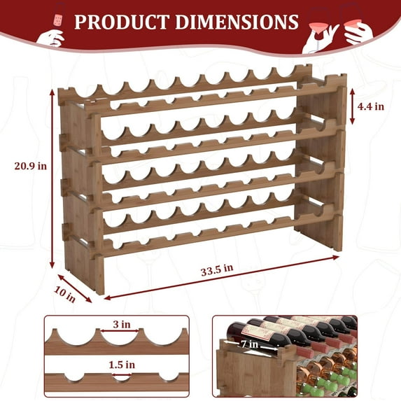 Wine Rack Freestanding Floor - 36 Bottle Wine Racks Countertop,4 Tiers Stackable Wooden Storage Holder, 33.5 in Wide (Walnut)