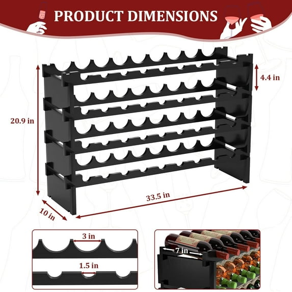Wine Rack Freestanding Floor - 36 Bottle Wooden Stackable Wine Storage Holder for Cabinet, Bar, Pantry and Cellar 33.5 inch Wide(Black)