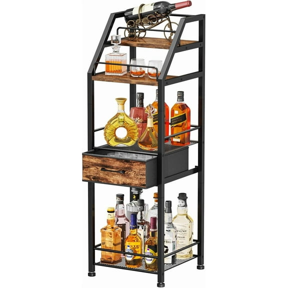 Wine Rack Freestanding Floor - 4-Tier Stepped Liquor Cabinet Bar Stand for Home with Fabric Drawer, Wine & Glass Organizer for Living Room, Kitchen, or Dining Room