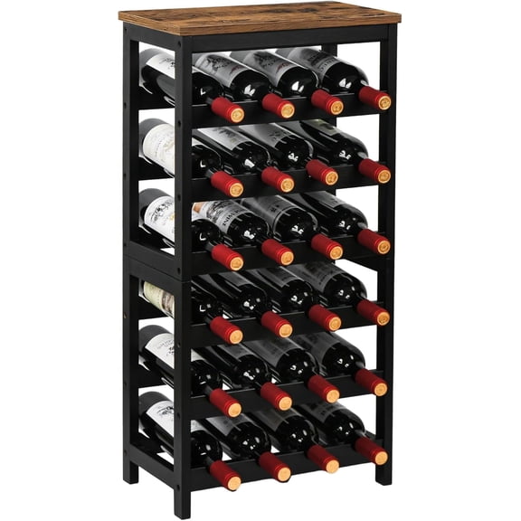 Wine Rack Freestanding Floor, 6 Tier Bamboo Wine Storage Shelves with Table Top, 24-Botttle Wine Rack Shelf for Kitchen Bar Dining Room Living Room, Rustic Brown and Black
