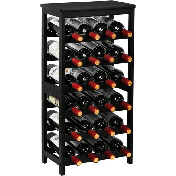 Wine Rack Freestanding Floor, 6-Tier Display Wine Storage Shelves with Table Top, 24-Botttle Bamboo Wine Rack Shelf for Kitchen Bar Dining Room Living Room, Black