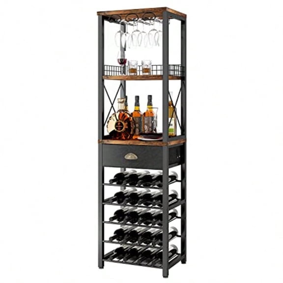 Wine Rack Freestanding Floor Bar Cabinet for Liquor and Glasses 4-Tier bar Cabinet with Tabletop Glass Holder Storage Drawer and Wine Storage for Living Room Patent No.D29872845