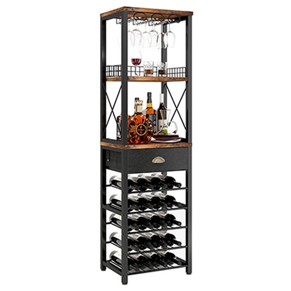 Wine Rack Freestanding Floor, Bar Cabinet for Liquor and Glasses, 4-Tier bar Cabinet with Tabletop, Glass Holder, Storage Drawer and Wine Storage for Living Room