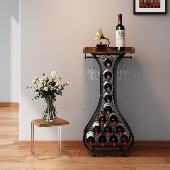 Wine Rack Freestanding Floor, Bar Table Wine Holder Stand Liquor Cabinet with Glass Holder Wood Tabletop 14 Bottles Floor Wine Storage for Home Bar Kitchen Living Room