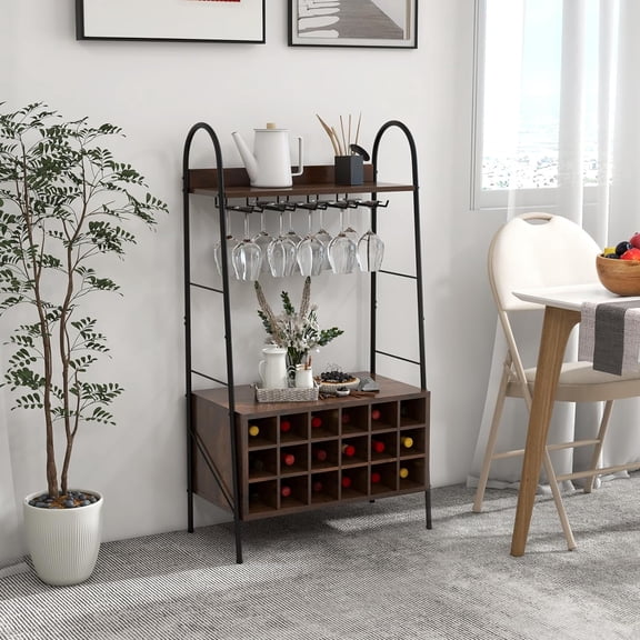 Wine Rack Freestanding Floor, Industrial Wine Bar Rack with Removable 18-Bottle Wine Rack, Stemware Holder for 15 Glasses, 2 Open Shelves, Wine Holder Stand for Kitchen, Dining Room, Bar