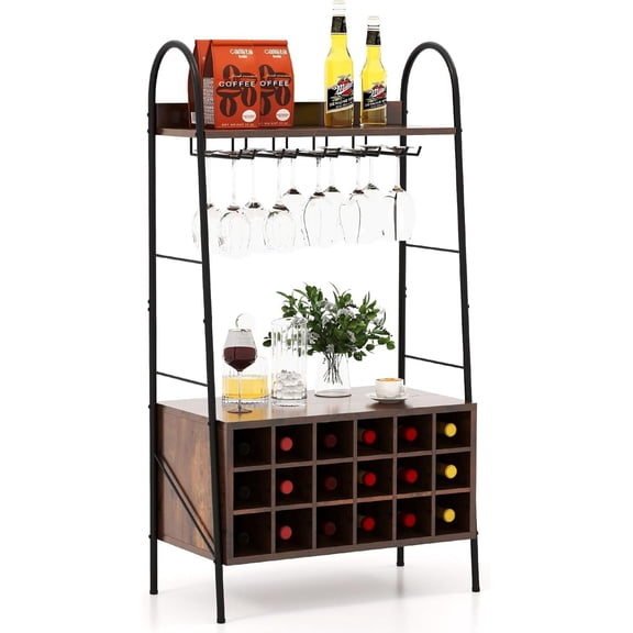 Wine Rack Freestanding Floor, Industrial Wine Bar Rack with Removable 18-Bottle Wine Rack, Stemware Holder for 15 Glasses, 2 Open Shelves, Wine Holder Stand for Kitchen, Dining Room, Bar