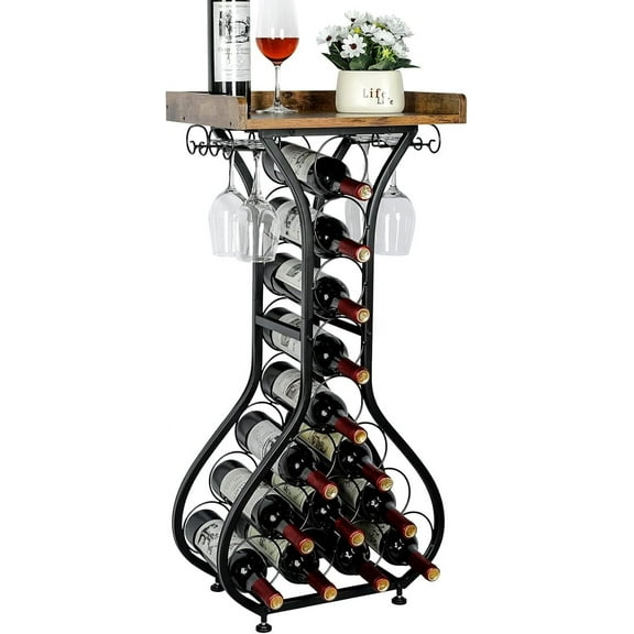 Wine Rack Freestanding Floor, Mini Bar Table Wine Holder Stand Liquor Cabinet with Glass Holder Wood Tabletop 14 Bottles Floor Wine Storage for Home Bar Kitchen Living Room (Patent Pending)